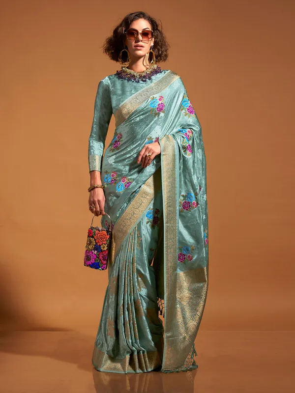 Green_Premium_Satin_Silk_With_Blouse_Piece_For_Women_&_Girls