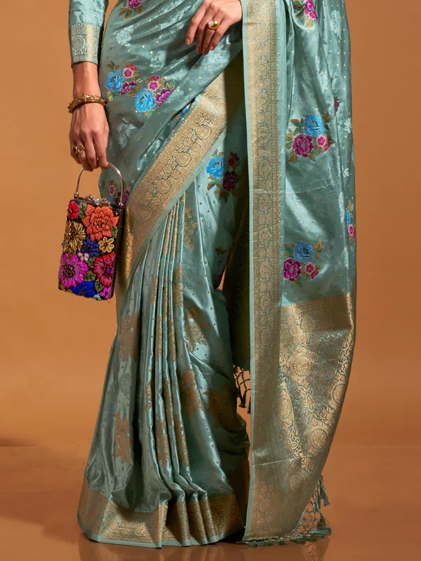 Green_Premium_Satin_Silk_With_Blouse_Piece_For_Women_&_Girls