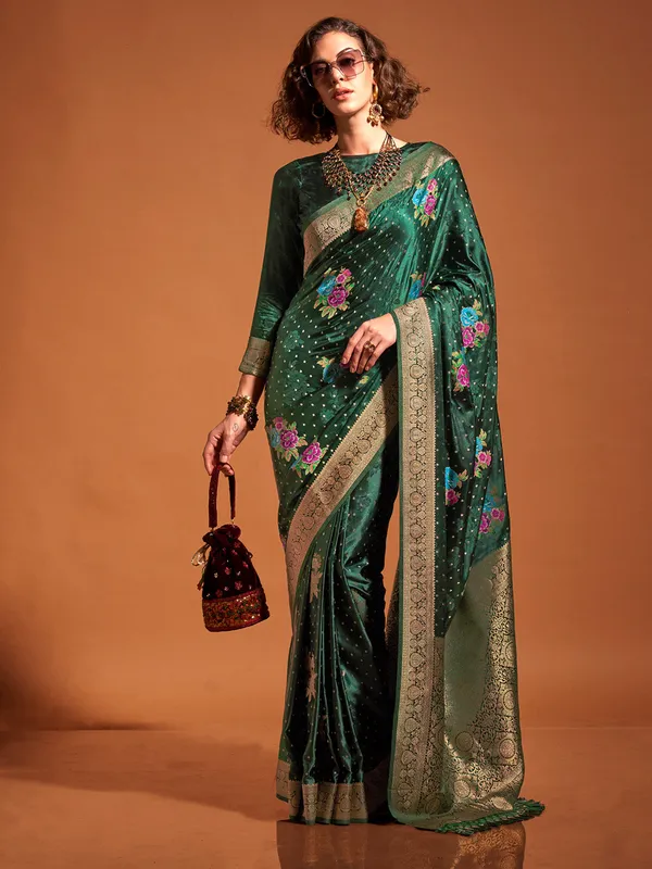 Green_Premium_Satin_Silk_With_Blouse_Piece_For_Women_&_Girls