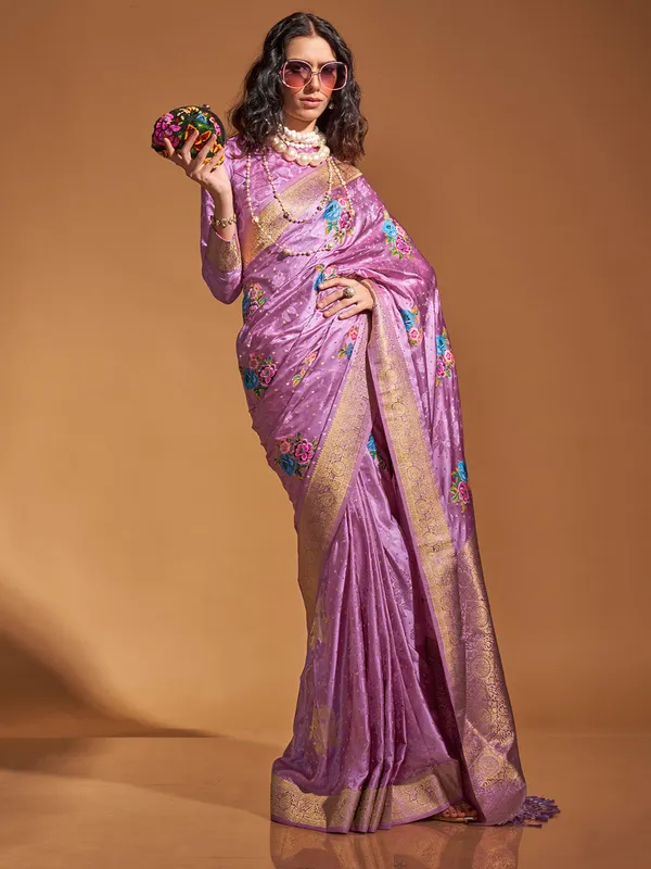 Lavender_Premium_Satin_Silk_With_Blouse_Piece_For_Women_&_Girls
