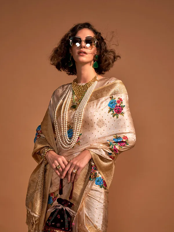 Beige_Premium_Satin_Silk_With_Blouse_Piece_For_Women_&_Girls