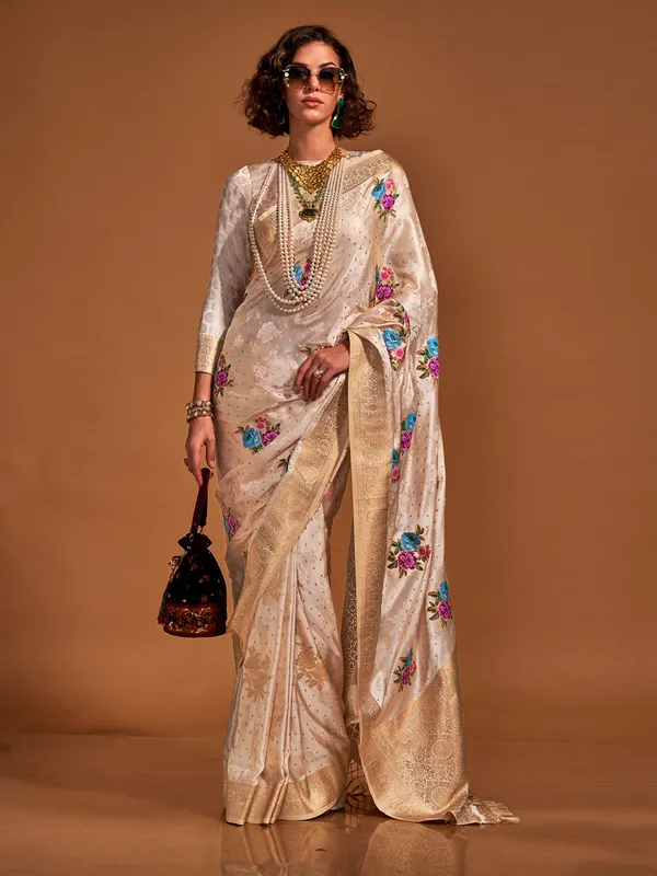 Beige_Premium_Satin_Silk_With_Blouse_Piece_For_Women_&_Girls
