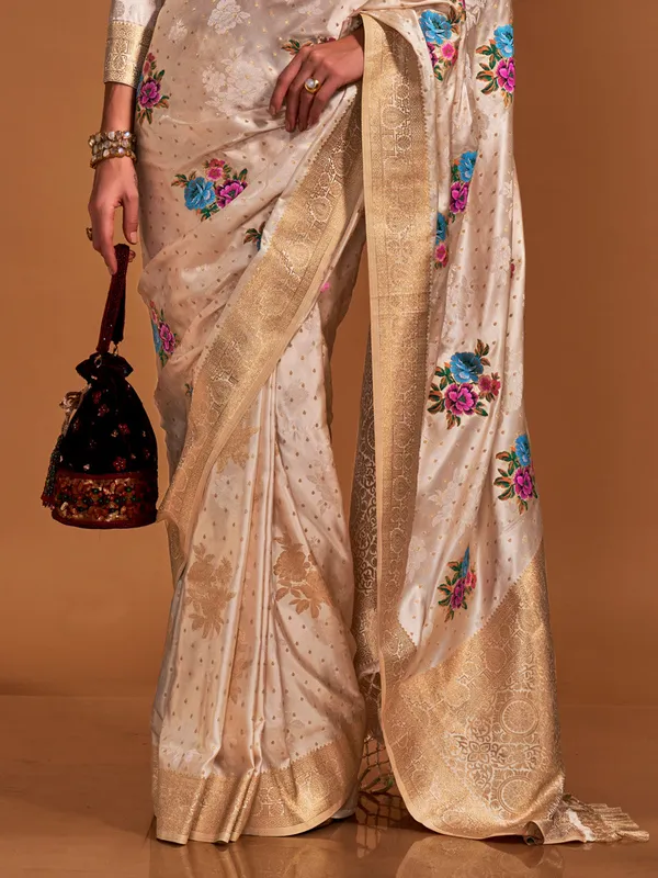 Beige_Premium_Satin_Silk_With_Blouse_Piece_For_Women_&_Girls