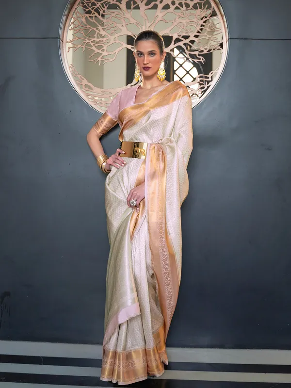 White_Premium_Kanjeevaram_Saree_With_Blouse_Piece_For_Women_&_Girls