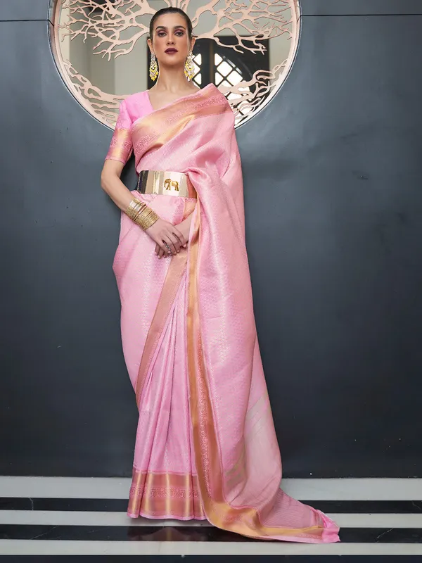 Pink_Premium_Kanjeevaram_Saree_With_Blouse_Piece_For_Women_&_Girls
