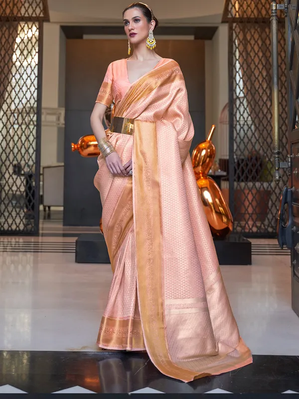 Orange_Premium_Kanjeevaram_Saree_With_Blouse_Piece_For_Women_&_Girls