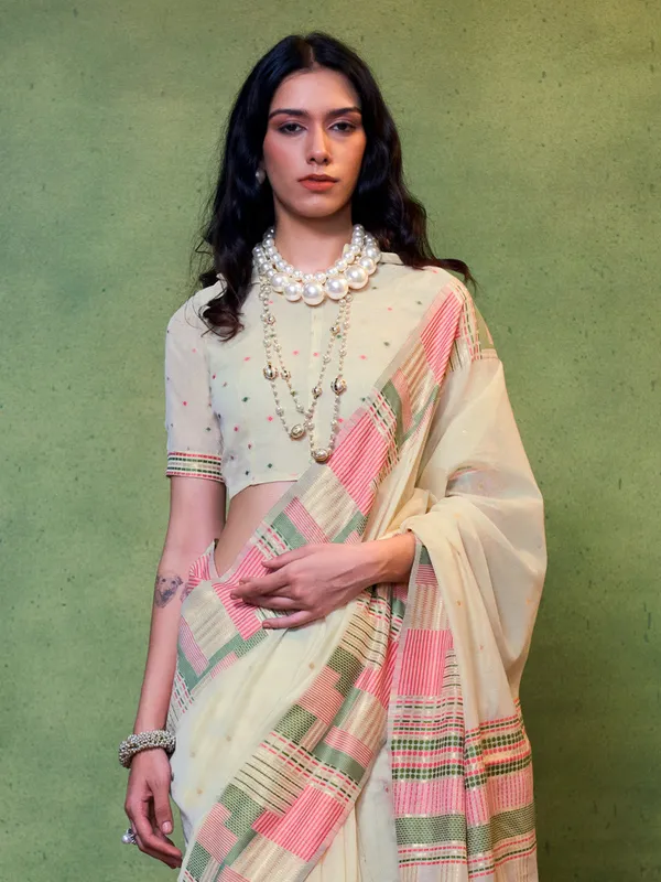 Cream_Premium_Silk_With_Blouse_Piece_For_Women_&_Girls