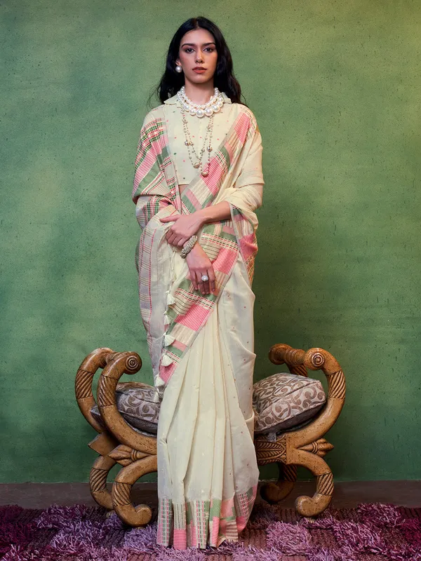 Cream_Premium_Silk_With_Blouse_Piece_For_Women_&_Girls