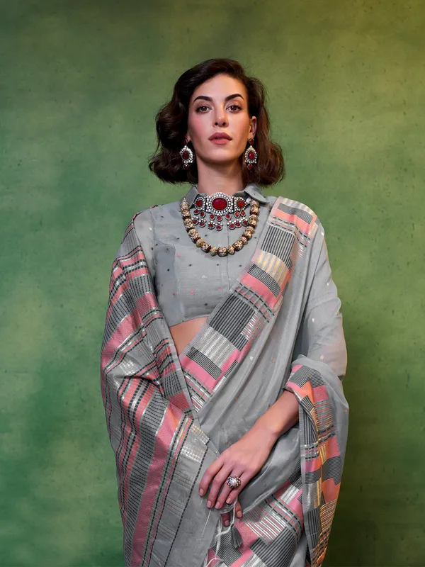 Grey_Premium_Silk_With_Blouse_Piece_For_Women_&_Girls