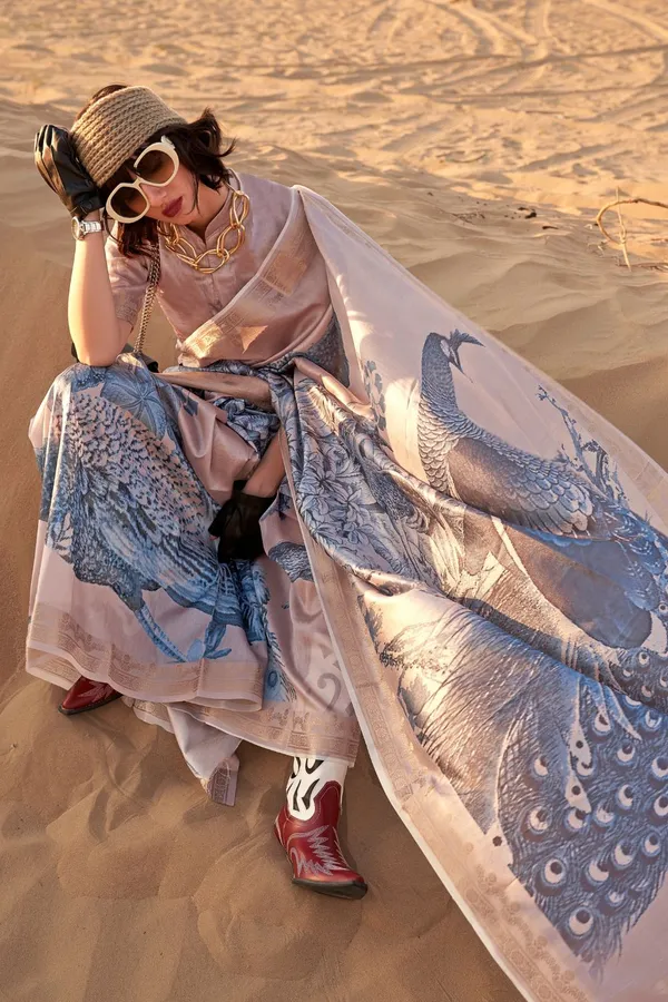 Grey_Blue_Premium_Tussar_Silk_Digital_Print_Saree_Saree_With_Blouse_Piece_For_Women_&_Girls