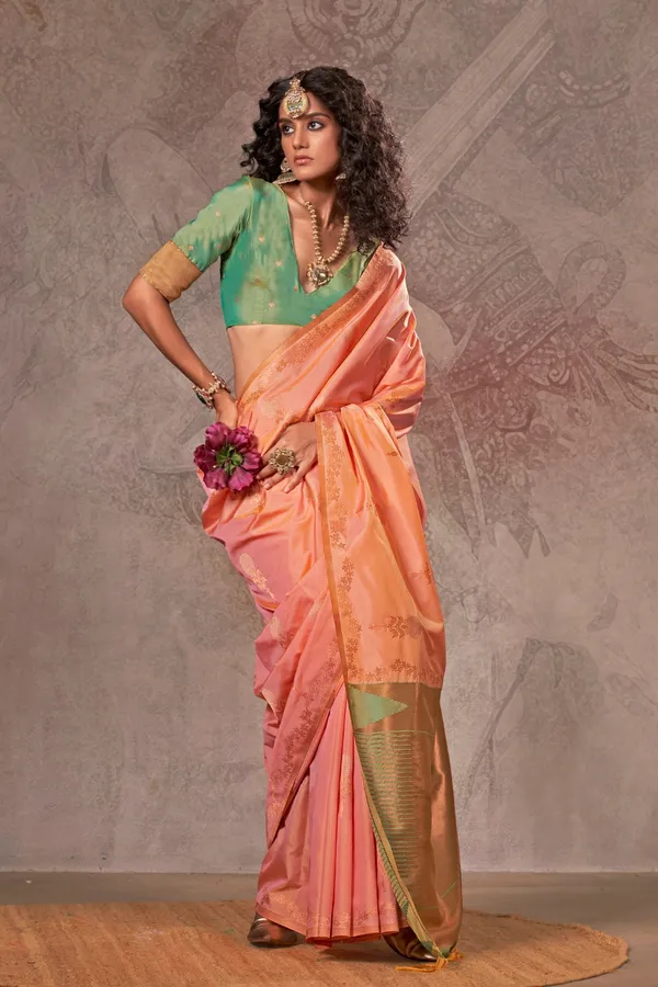 Pink_Premium_Handloom_Weaving_Silk_With_Blouse_Piece_For_Women_&_Girls