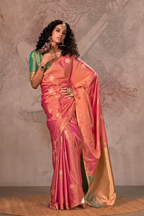 Orange_Premium_Handloom_Weaving_Silk_With_Blouse_Piece_For_Women_&_Girls