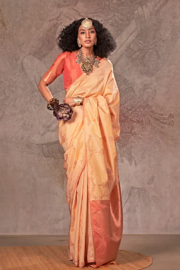 Beige_Premium_Handloom_Weaving_Silk_With_Blouse_Piece_For_Women_&_Girls