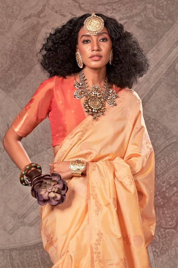 Beige_Premium_Handloom_Weaving_Silk_With_Blouse_Piece_For_Women_&_Girls