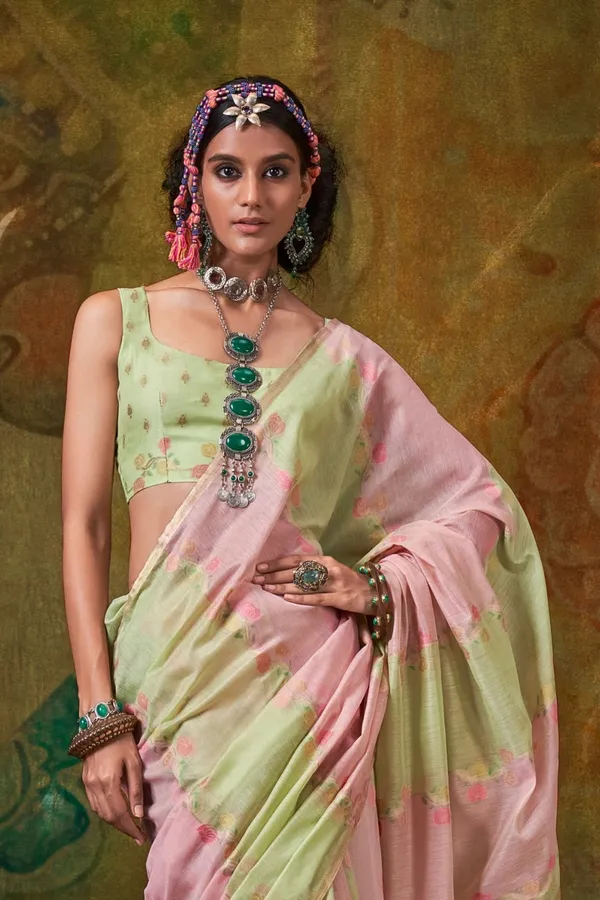 Pink_&_Yellow_Premium_Tissue_Saree_With_Blouse_Piece_For_Women_&_Girls