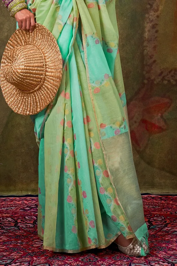 Parrot_Premium_Tissue_Saree_With_Blouse_Piece_For_Women_&_Girls