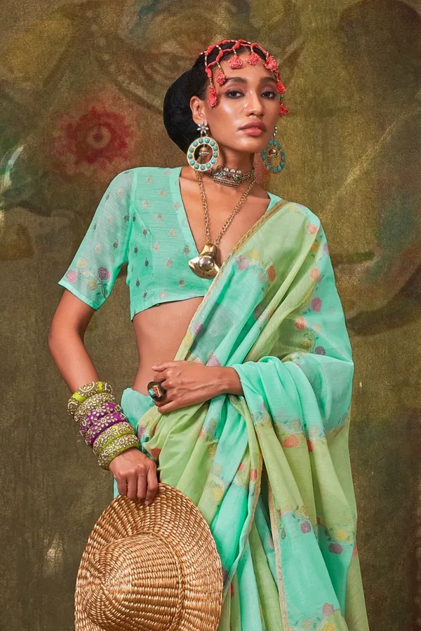 Parrot_Premium_Tissue_Saree_With_Blouse_Piece_For_Women_&_Girls