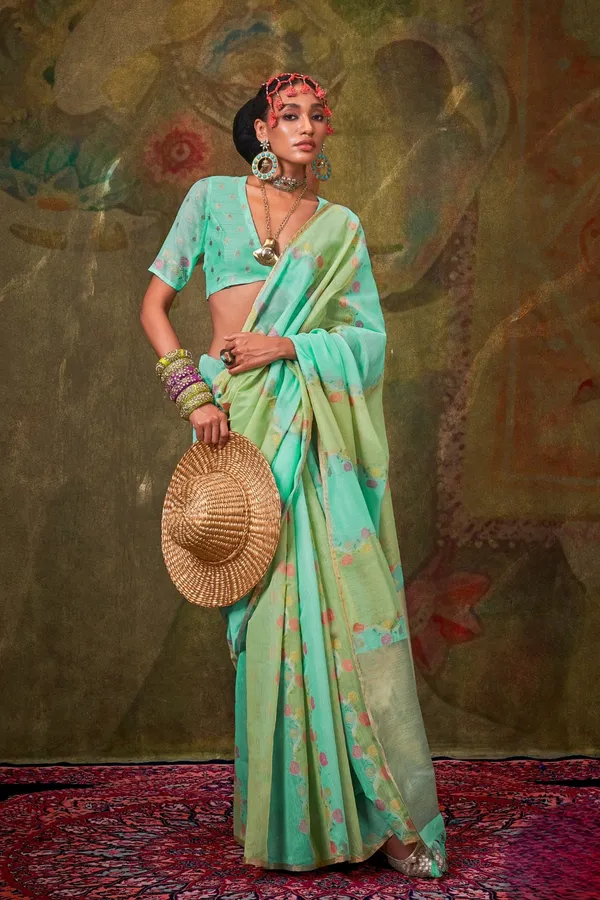 Parrot_Premium_Tissue_Saree_With_Blouse_Piece_For_Women_&_Girls