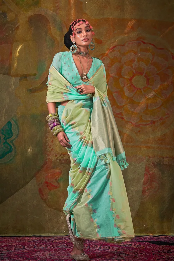 Parrot_Premium_Tissue_Saree_With_Blouse_Piece_For_Women_&_Girls