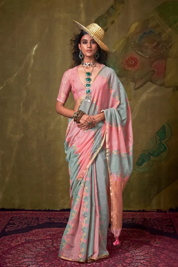 Pink_&_Grey_Premium_Tissue_Saree_With_Blouse_Piece_For_Women_&_Girls