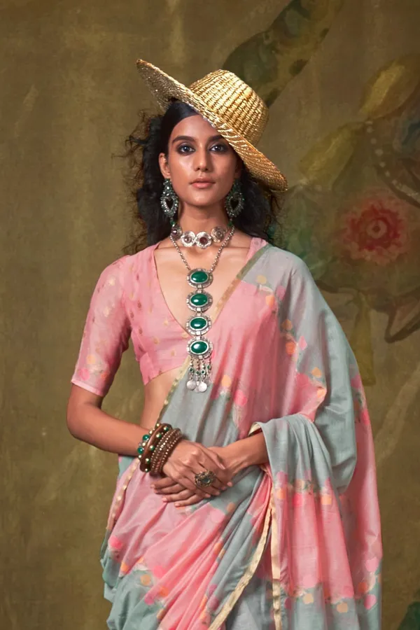 Pink_&_Grey_Premium_Tissue_Saree_With_Blouse_Piece_For_Women_&_Girls