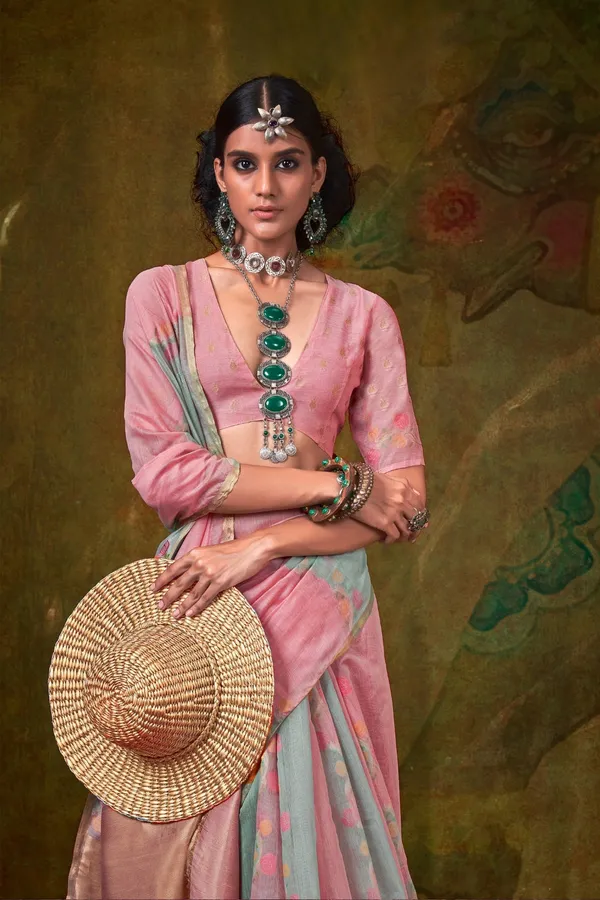 Pink_&_Grey_Premium_Tissue_Saree_With_Blouse_Piece_For_Women_&_Girls