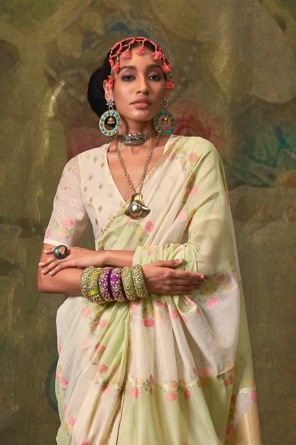 Cream_Premium_Tissue_Saree_With_Blouse_Piece_For_Women_&_Girls