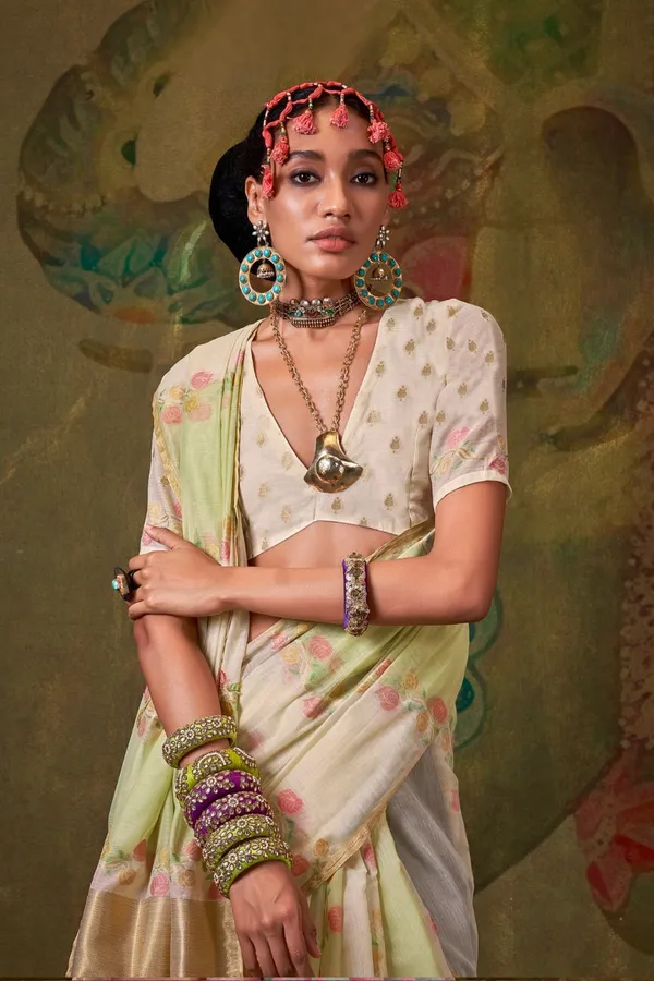 Cream_Premium_Tissue_Saree_With_Blouse_Piece_For_Women_&_Girls