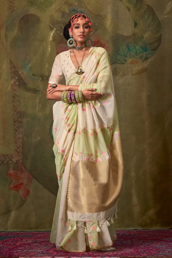 Cream_Premium_Tissue_Saree_With_Blouse_Piece_For_Women_&_Girls