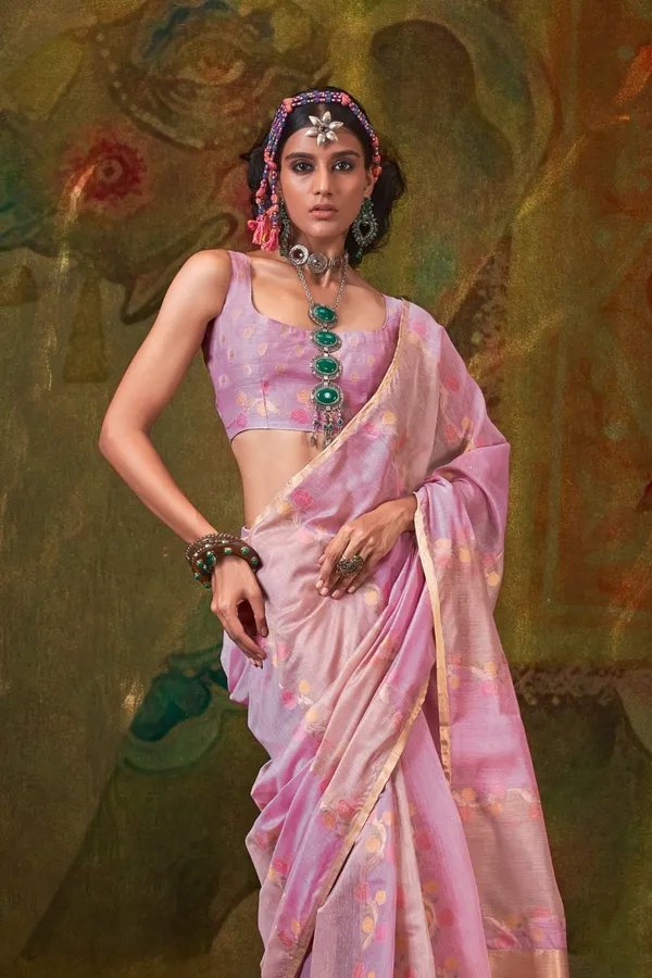 Pink_Premium_Tissue_Saree_With_Blouse_Piece_For_Women_&_Girls