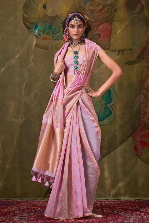 Pink_Premium_Tissue_Saree_With_Blouse_Piece_For_Women_&_Girls