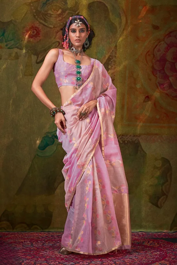 Pink_Premium_Tissue_Saree_With_Blouse_Piece_For_Women_&_Girls