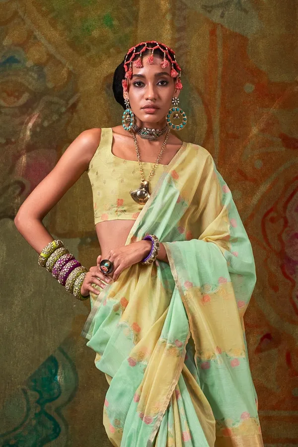 Green_Premium_Tissue_Saree_With_Blouse_Piece_For_Women_&_Girls
