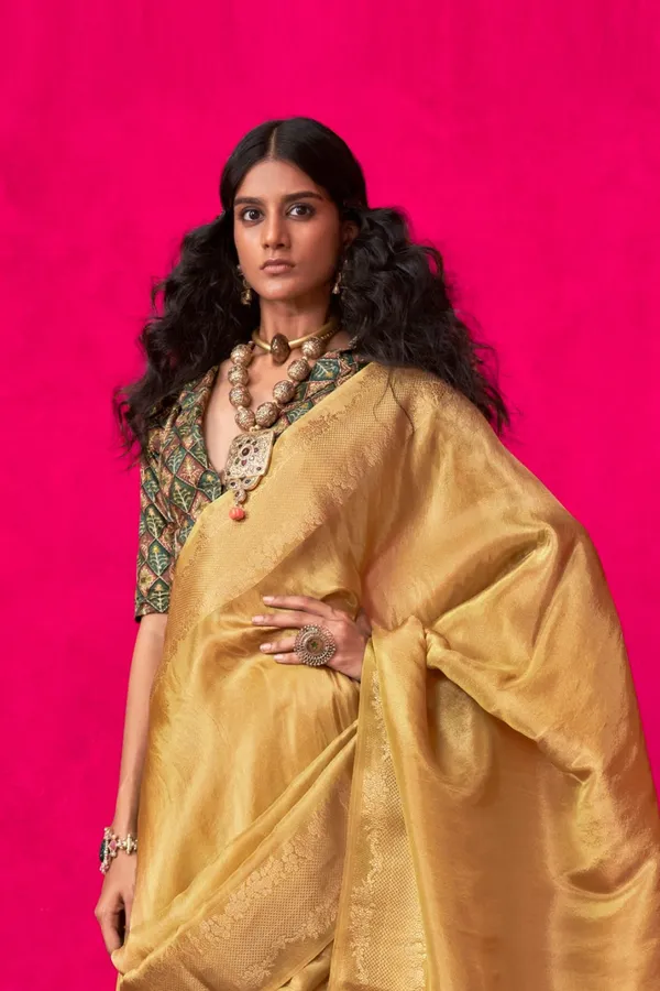 Golden_Premium_Tissue_Saree_With_Blouse_Piece_For_Women_&_Girls