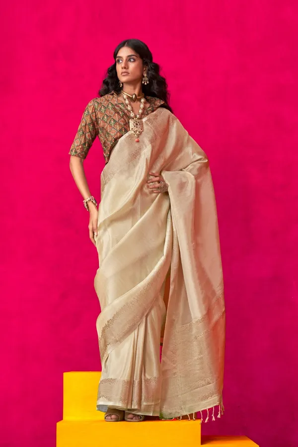 Beige_Premium_Tissue_Saree_With_Blouse_Piece_For_Women_&_Girls