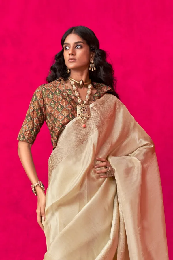 Beige_Premium_Tissue_Saree_With_Blouse_Piece_For_Women_&_Girls