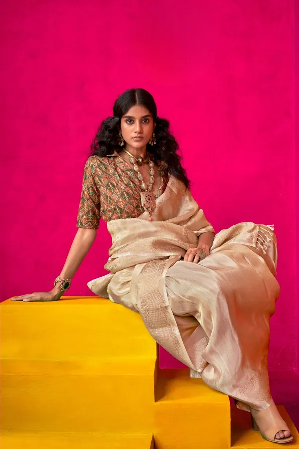 Beige_Premium_Tissue_Saree_With_Blouse_Piece_For_Women_&_Girls
