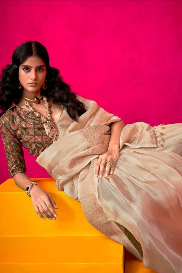 Beige_Premium_Tissue_Saree_With_Blouse_Piece_For_Women_&_Girls