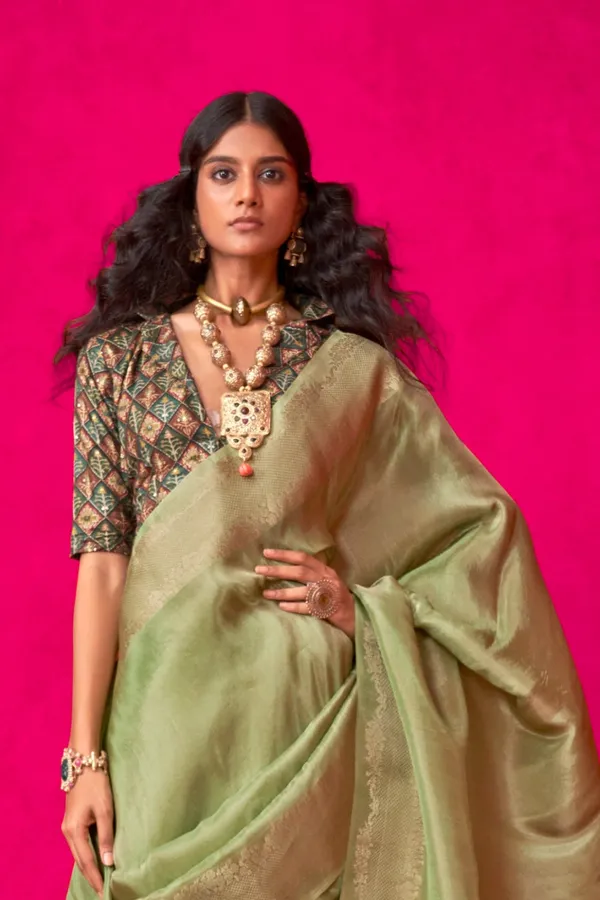 Green_Premium_Tissue_Saree_With_Blouse_Piece_For_Women_&_Girls