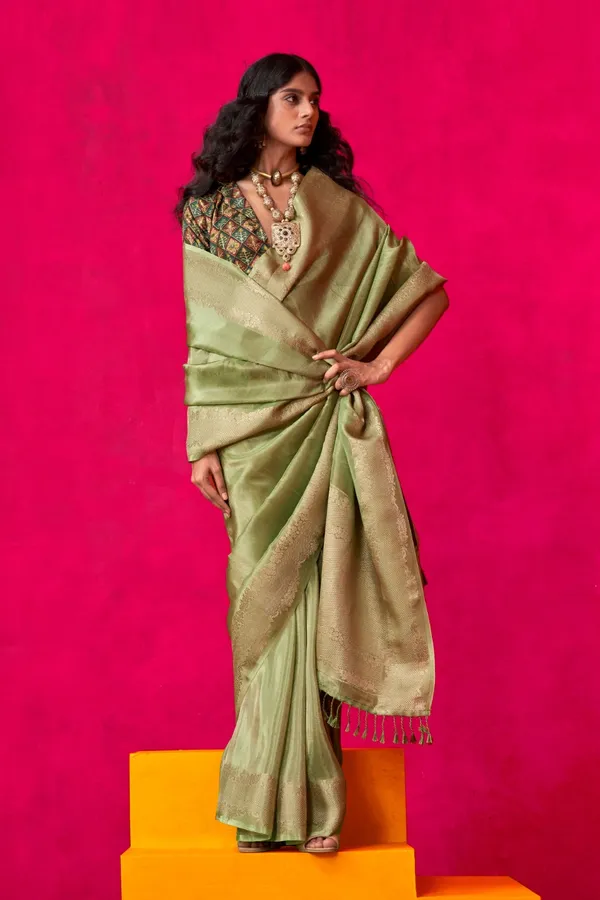 Green_Premium_Tissue_Saree_With_Blouse_Piece_For_Women_&_Girls