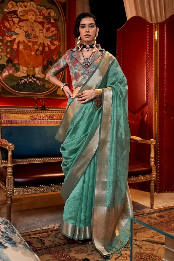 Teal_Green_Premium_Moss_Chiffon_Saree_With_Blouse_Piece_For_Women_&_Girls