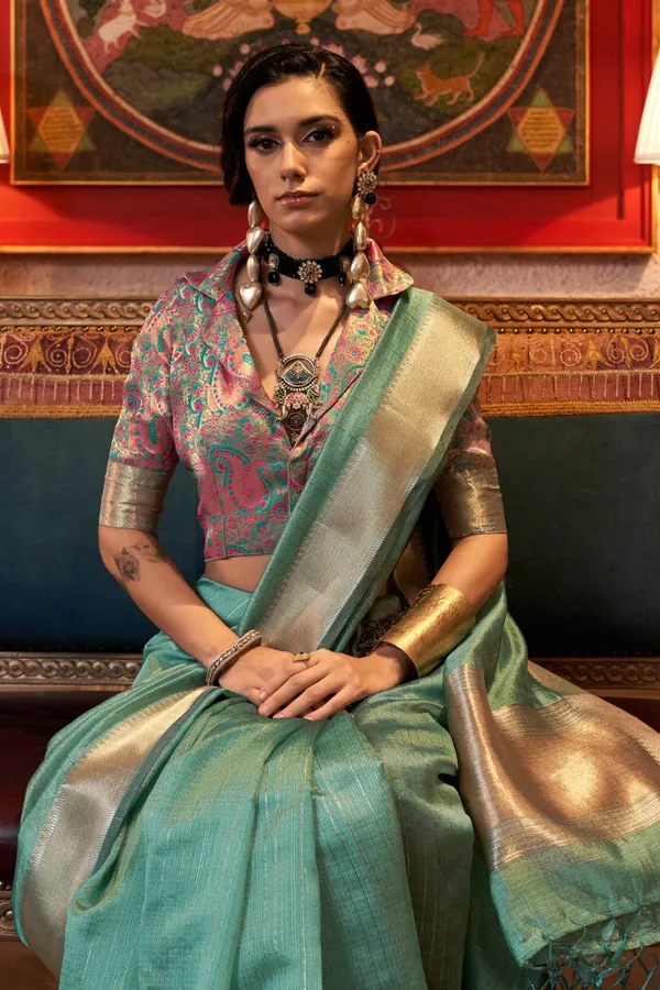Teal_Green_Premium_Moss_Chiffon_Saree_With_Blouse_Piece_For_Women_&_Girls