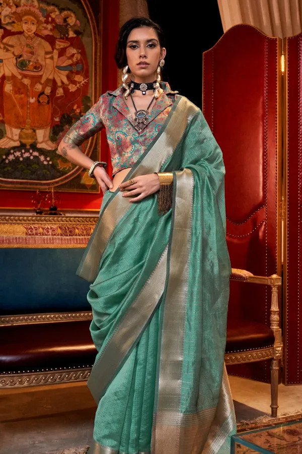 Teal_Green_Premium_Moss_Chiffon_Saree_With_Blouse_Piece_For_Women_&_Girls