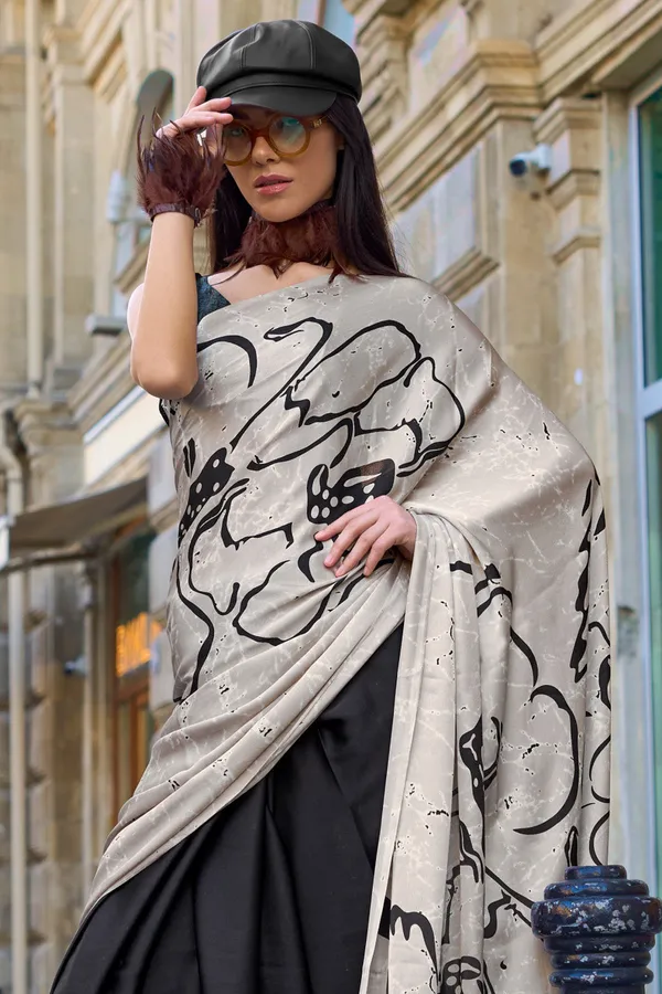Black_&_White_Premium_Satin_Silk_With_Blouse_Piece_For_Women_&_Girls