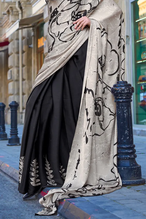 Black_&_White_Premium_Satin_Silk_With_Blouse_Piece_For_Women_&_Girls