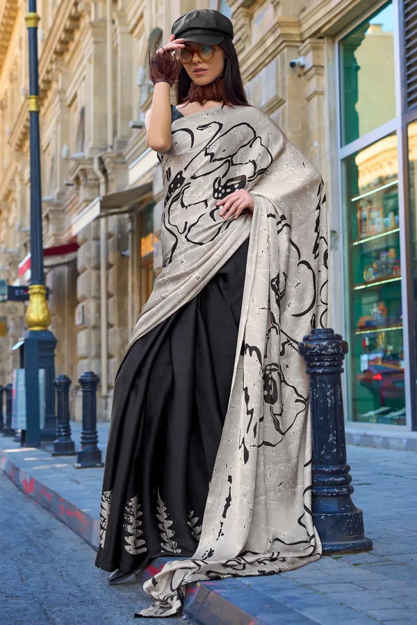 Black_&_White_Premium_Satin_Silk_With_Blouse_Piece_For_Women_&_Girls