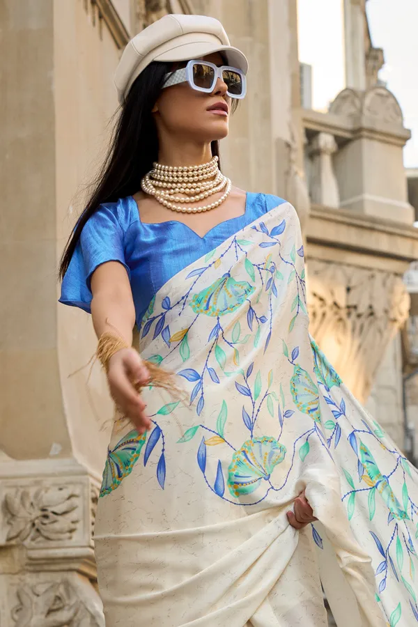 Off_White_Premium_Satin_Silk_With_Blouse_Piece_For_Women_&_Girls