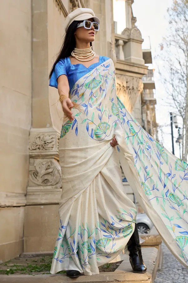 Off_White_Premium_Satin_Silk_With_Blouse_Piece_For_Women_&_Girls