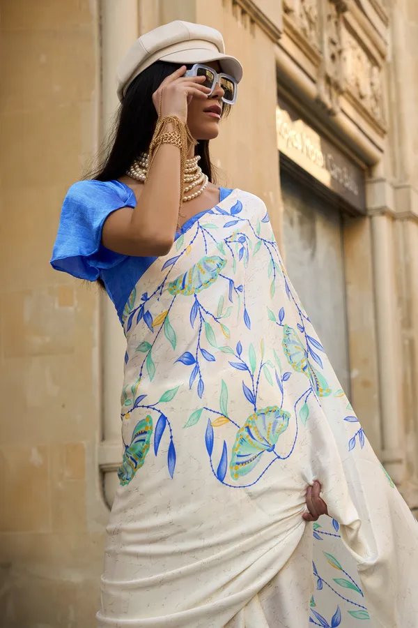 Off_White_Premium_Satin_Silk_With_Blouse_Piece_For_Women_&_Girls