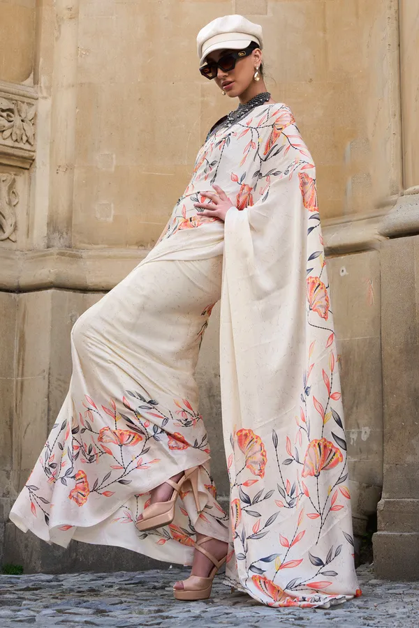 Cream_Premium_Satin_Silk_With_Blouse_Piece_For_Women_&_Girls